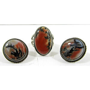 Southwest Tribal Sterling Silver Agate Ring and Matching Earrings